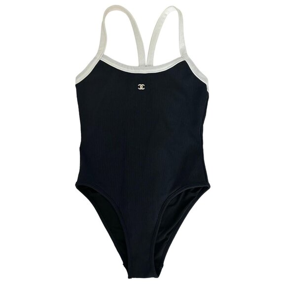 NEW CHANEL 22S Black One Piece Swimsuit Trimmed in Ecru with Jeweled CC - Picture 1 of 3